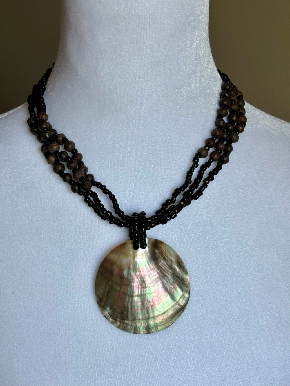 Abalone Pendant Statement Necklace Multi Strand Beaded Boho Style